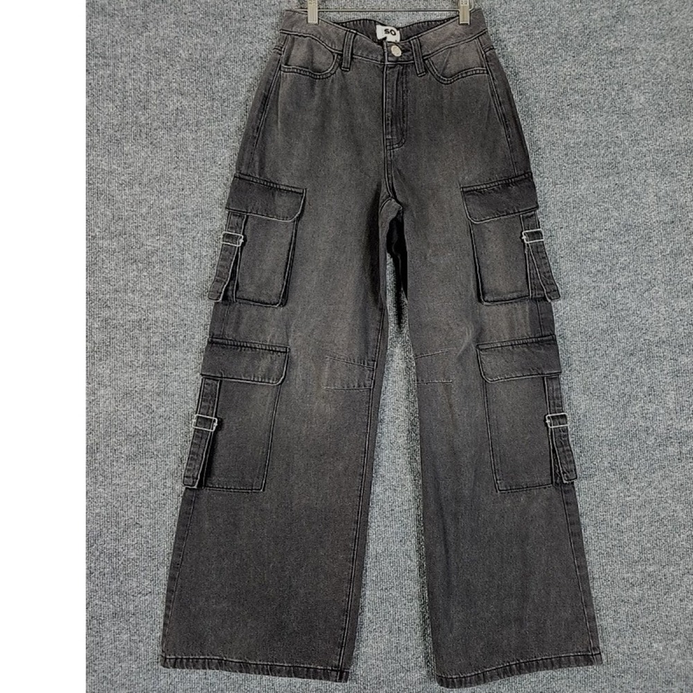 SO High Rise Wide Leg Cargo Jeans Black Washed Denim Womens Size 7 28W